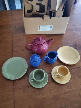 Longaberger Multicolor Ceramic Tea Set - Red, Blue, Green, Yellow